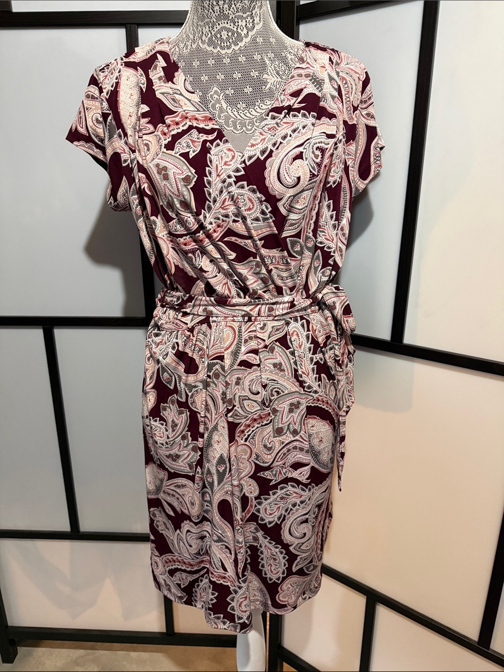 Banana Republic Burgundy and Cream Paisley Faux-Wrap Midi Dress